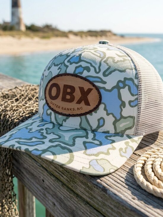 Outer Banks OBX Leather Patch Sage Topo Camo Coastal Snapback Trucker Hat Luxury main image 5